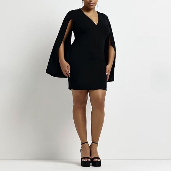 River Island Dresses & Skirts - River Island London Black Cape Split Sleeve Bodycon Mini Dress Size US 8 UK 12